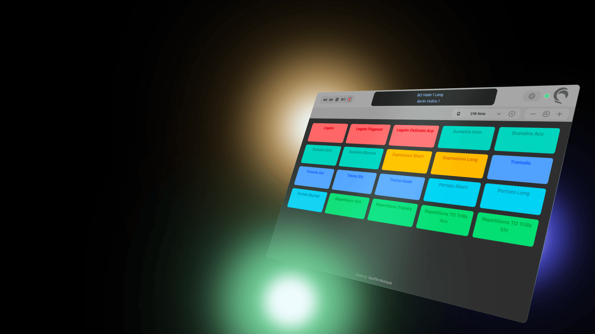 Illustration of the Boreal Controller, a web-based MIDI Controller displaying articulations available in Logic Pro, depending on the track, as well as navigation and quantization (in a light DAW remote)