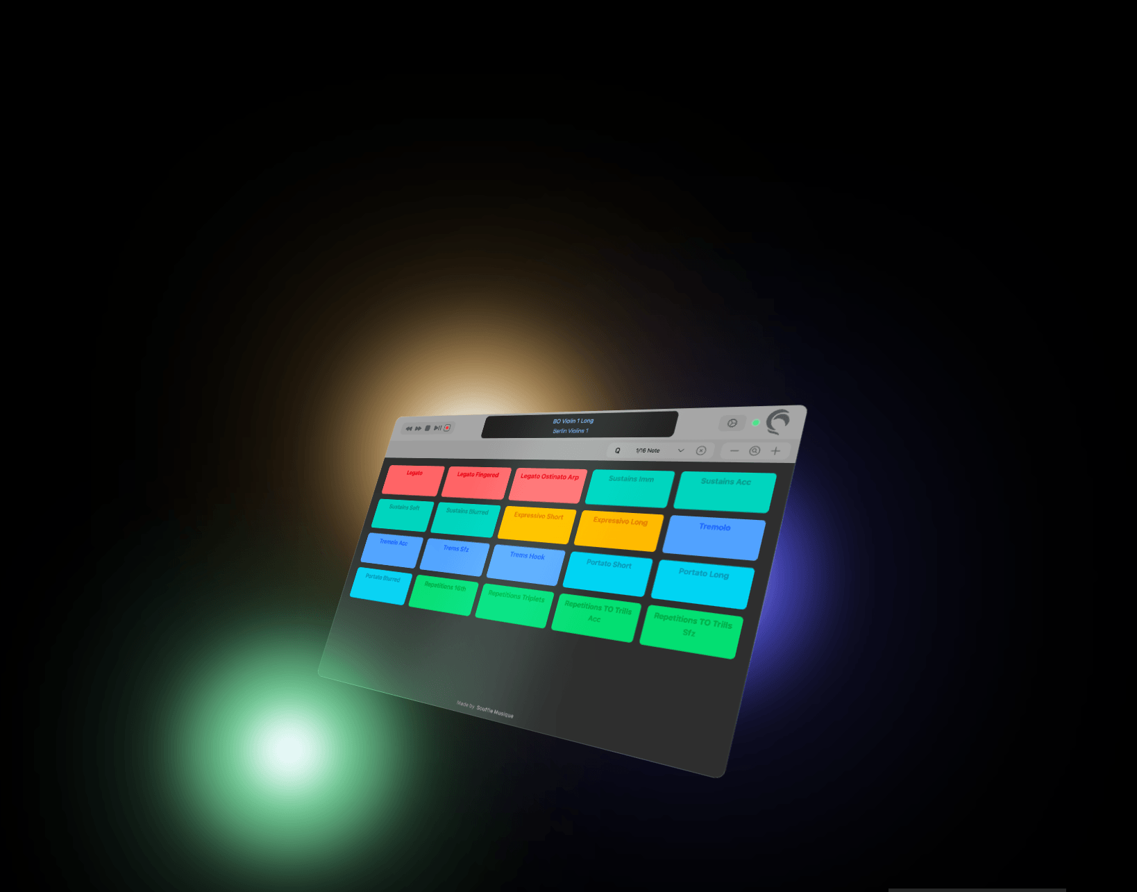Illustration of the Boreal Controller, a web-based MIDI Controller displaying articulations available in Logic Pro, depending on the track, as well as navigation and quantization (in a light DAW remote)