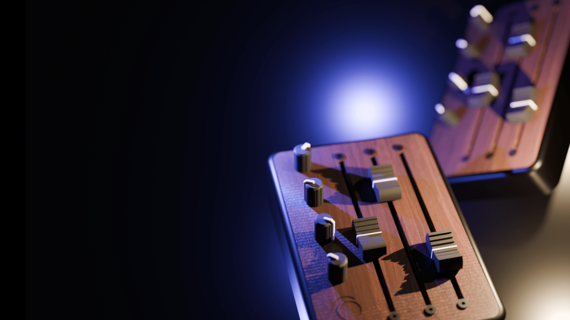 Illustration of two Brise Midi Controllers made for Orchestration, with 3 long faders and 4 precise knobs. USB-C