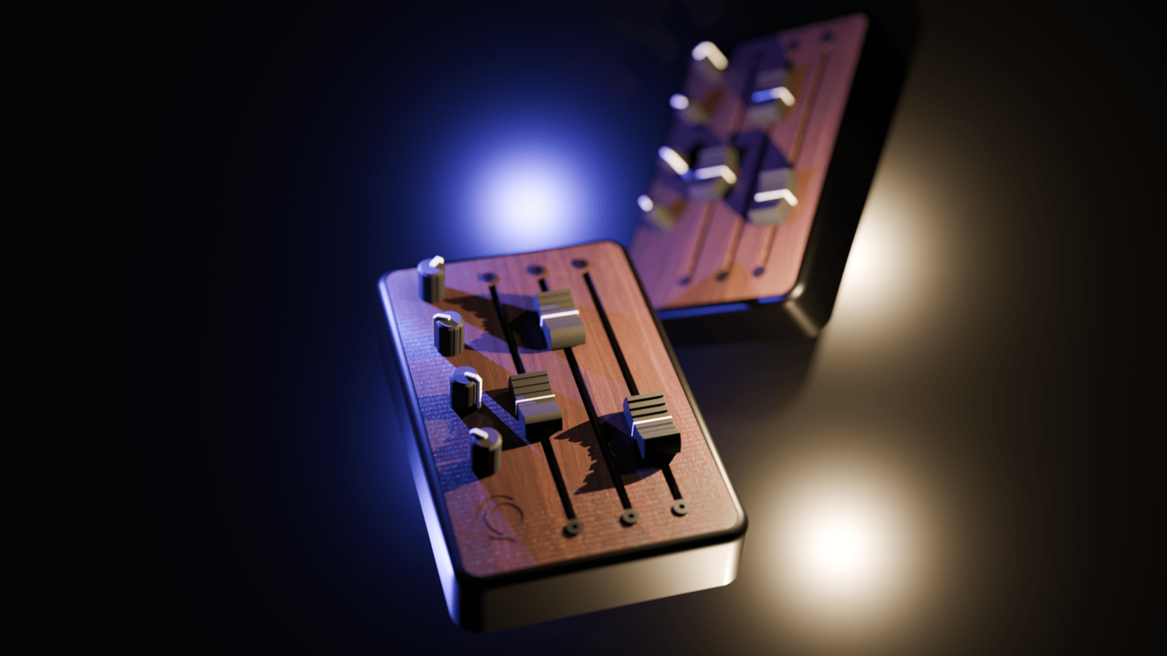 Illustration of two Brise Midi Controllers made for Orchestration, with 3 long faders and 4 precise knobs. USB-C