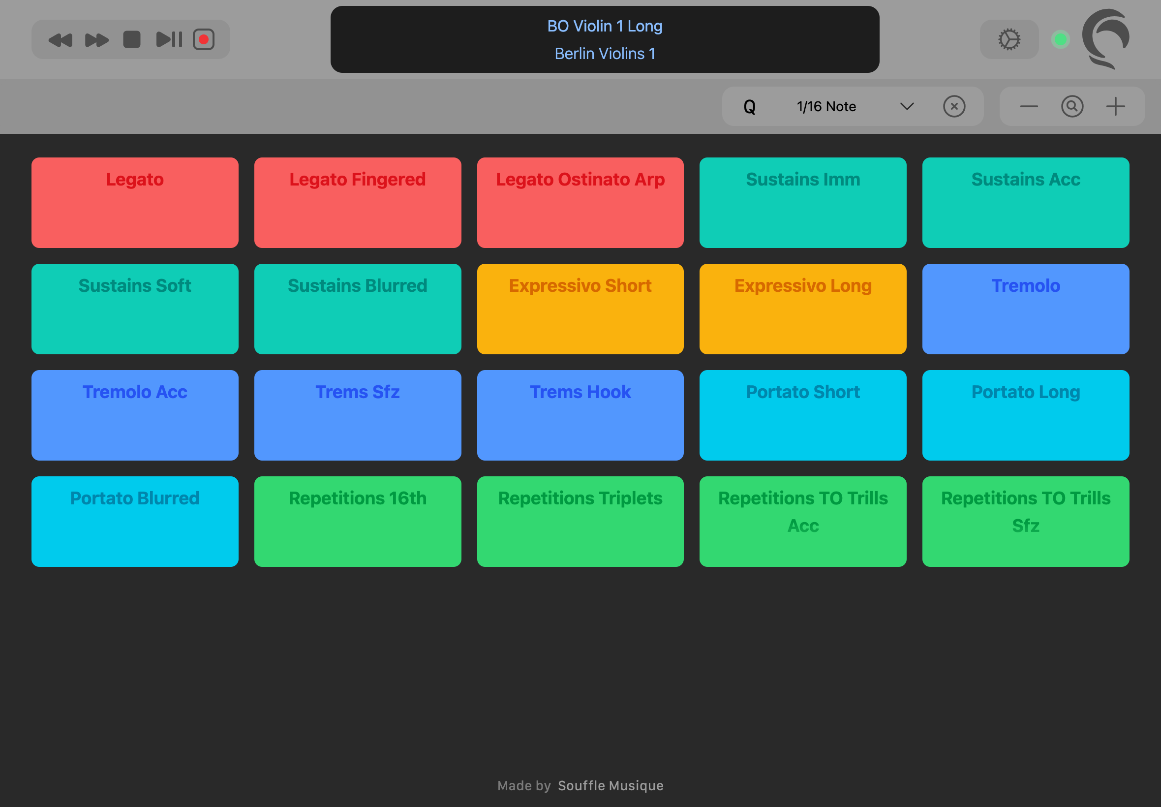 Web Controller for Logic Pro, displaying articulations available in the track dynamically, as well as some navigation controls