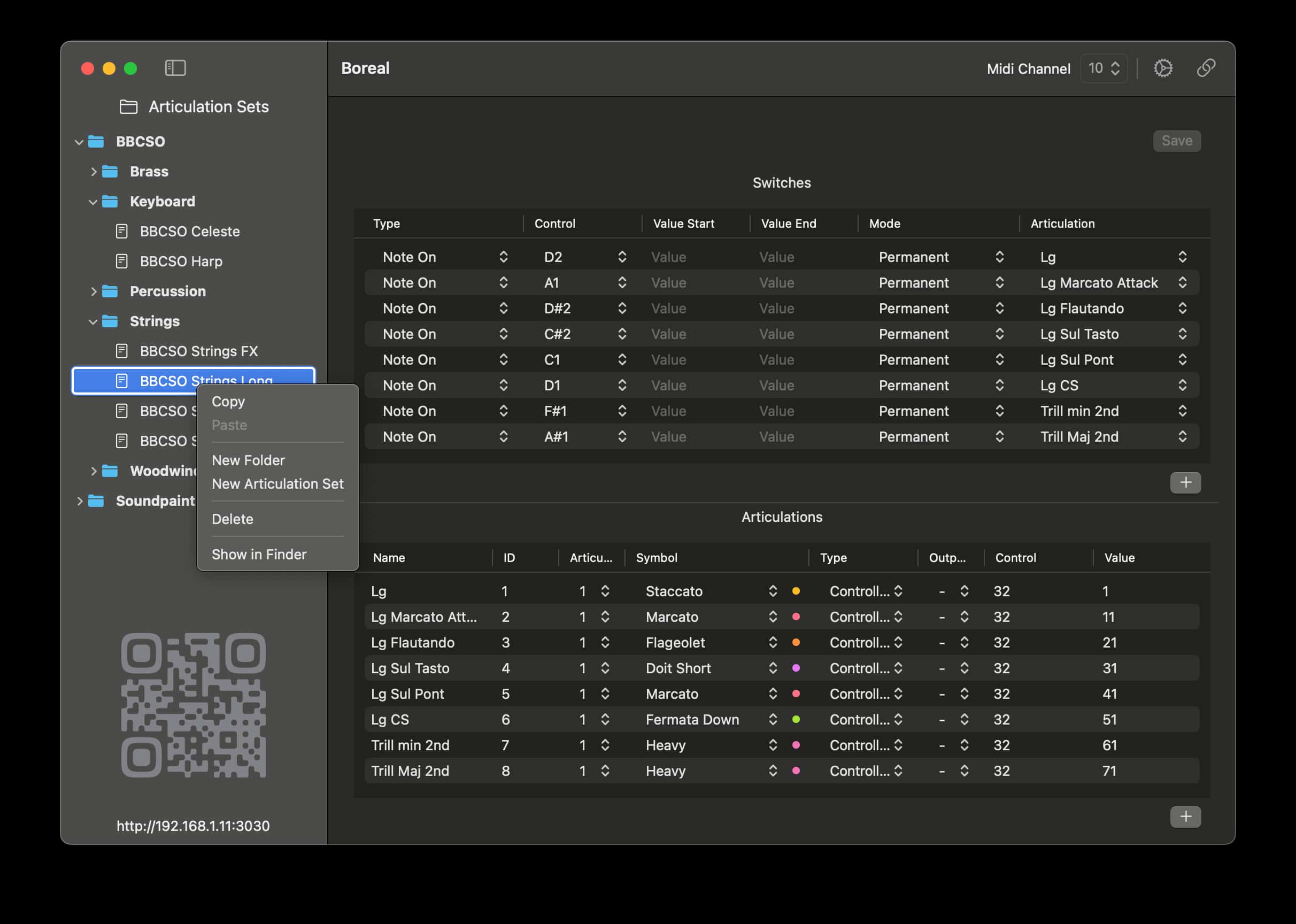 Boreal Desktop Application, showing all saved articulation sets, and allowing you to edit them freely or create new ones