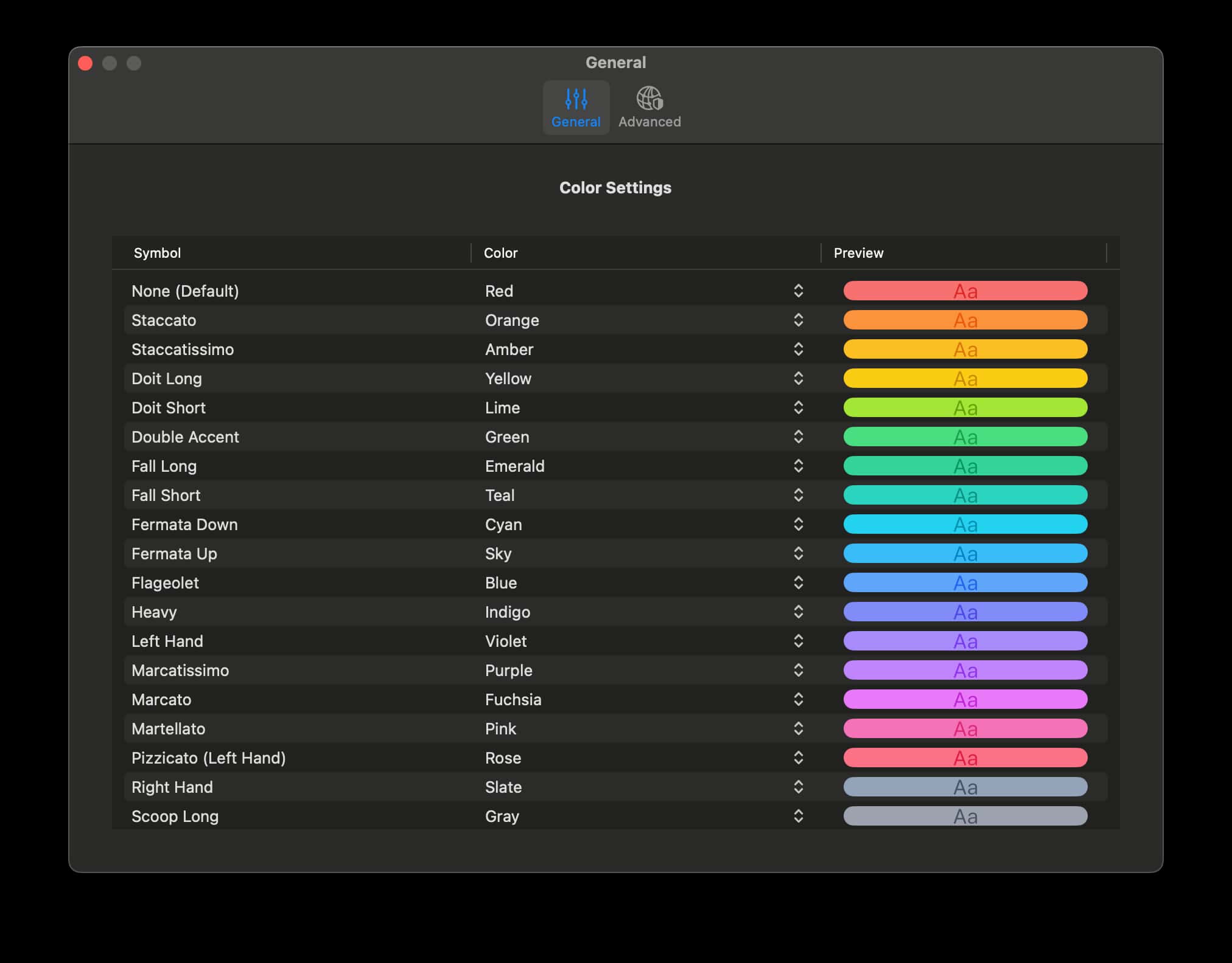 Settings panel of the Boreal Desktop Application, allowing you to choose a color scheme for articulations, based on articulation symbols
