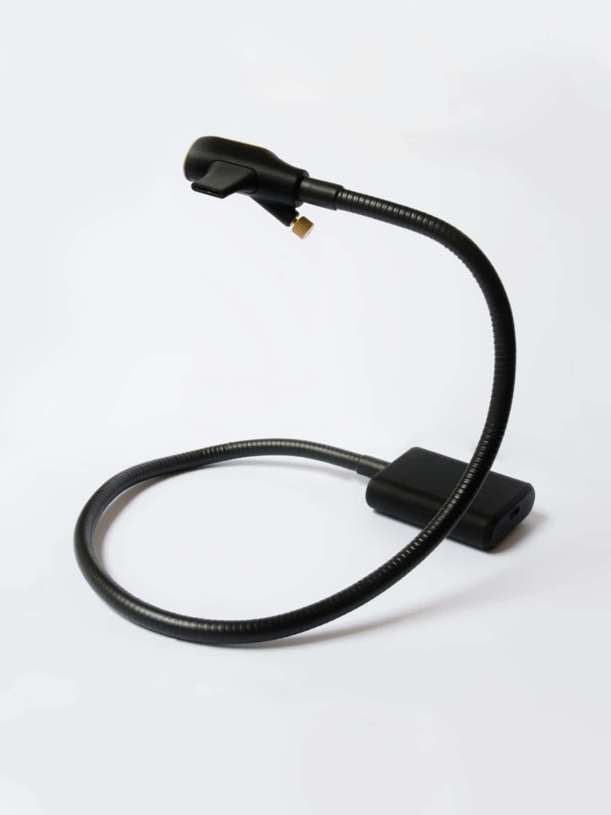 Zephyr breath MIDI controller seen from behind, the gooseneck rising from its base to the mouthpiece
