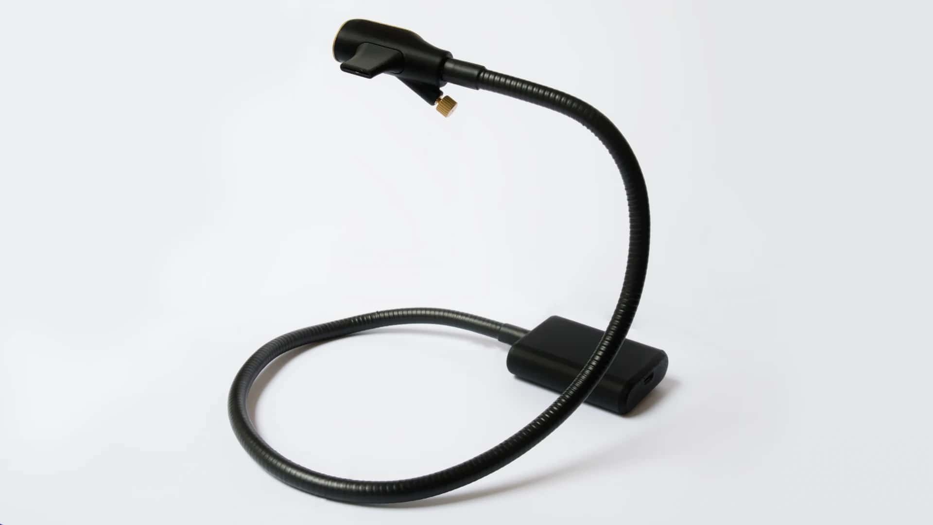 Zephyr breath MIDI controller seen from behind, the gooseneck rising from its base to the mouthpiece