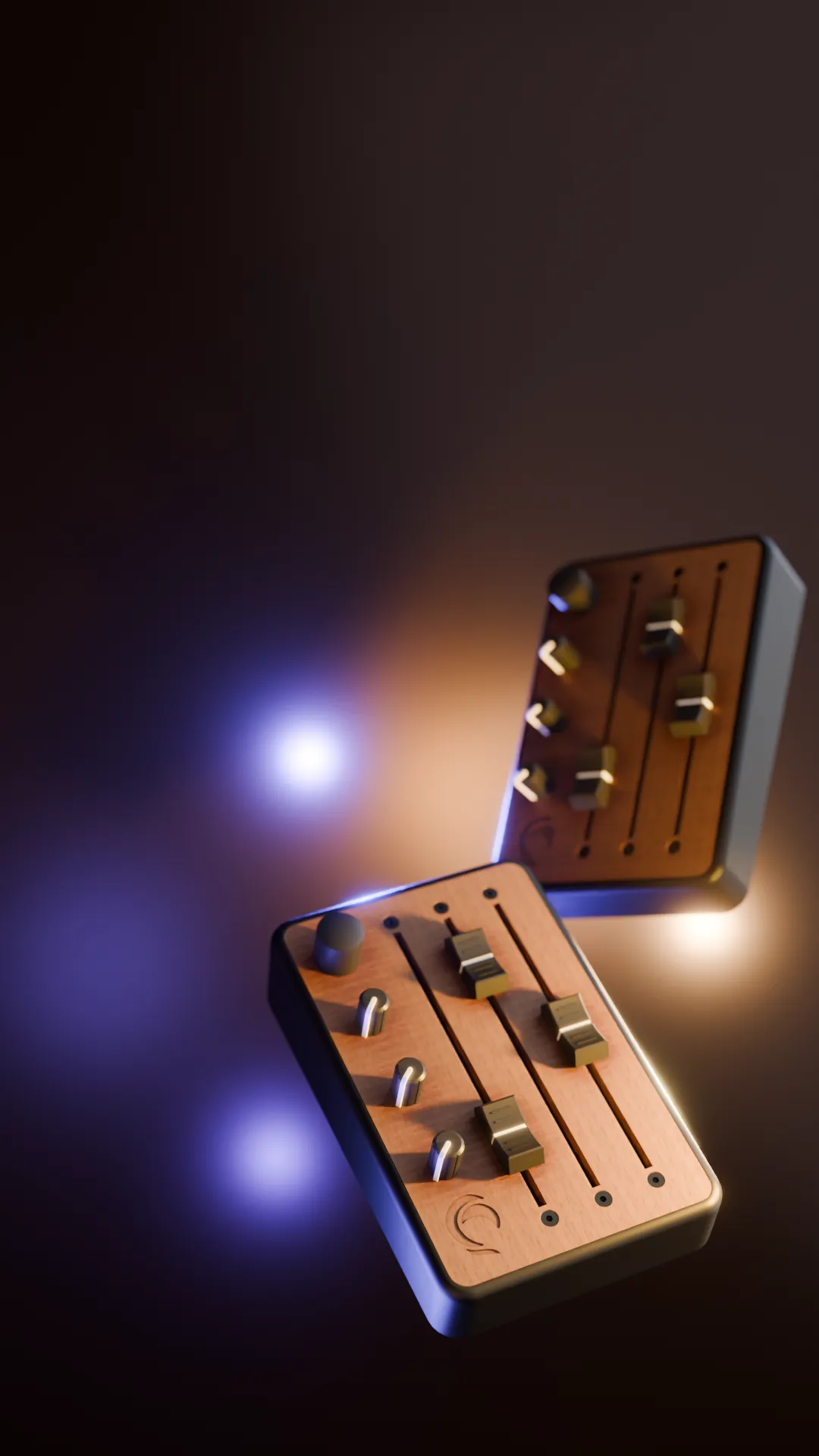 Illustration of two Brise MkII MIDI Controllers made for Orchestration, with 3 long faders, 3 precise knobs and a clickable rotary encoder. USB-C