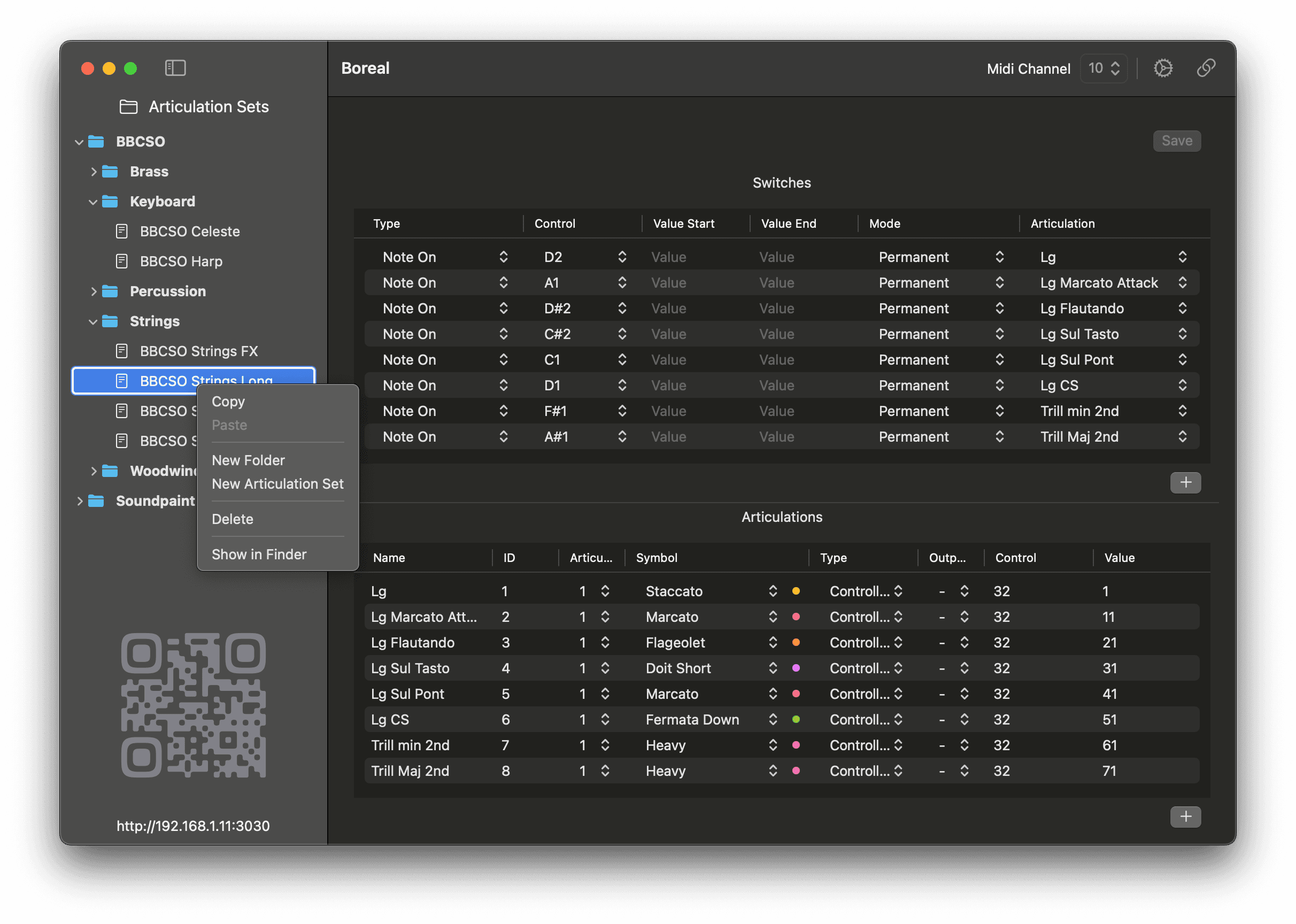 Boreal Desktop Application, showing all saved articulation sets, and allowing to edit them freely or create new ones