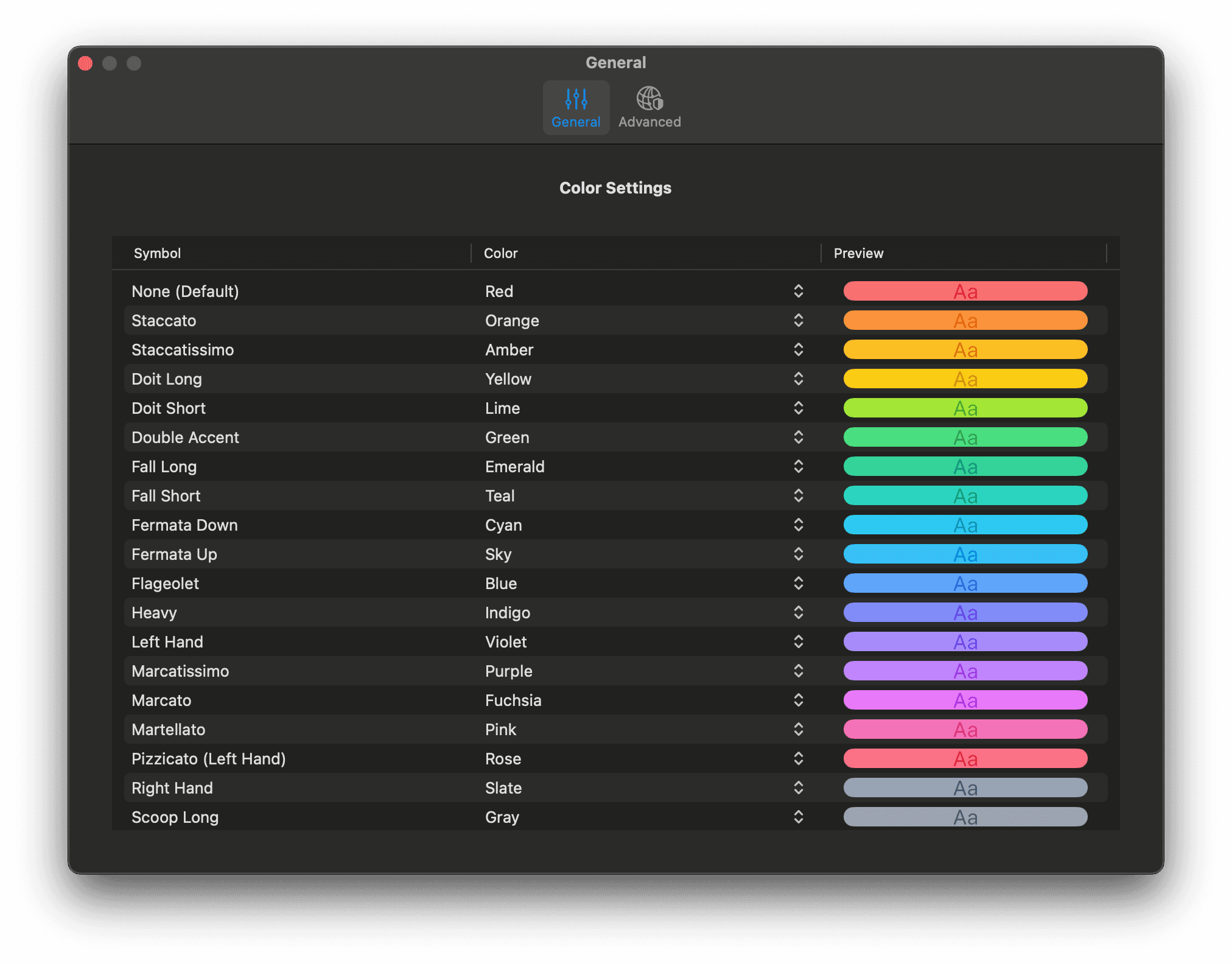 Settings panel of the Boreal Desktop Application, allowing to choose a color scheme for articulations, based on articulation symbols