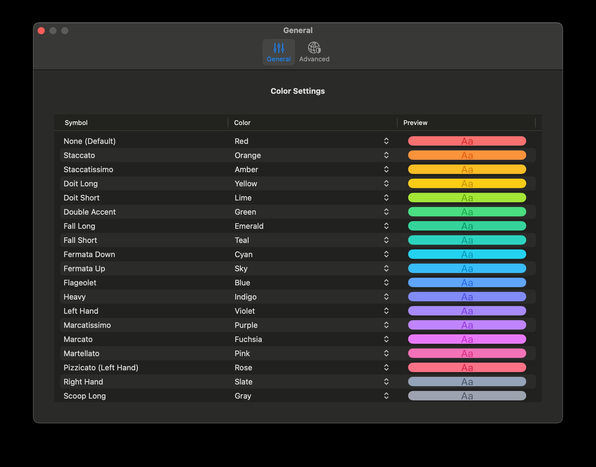 Settings panel of the Boreal Desktop Application, allowing you to choose a color scheme for articulations, based on articulation symbols