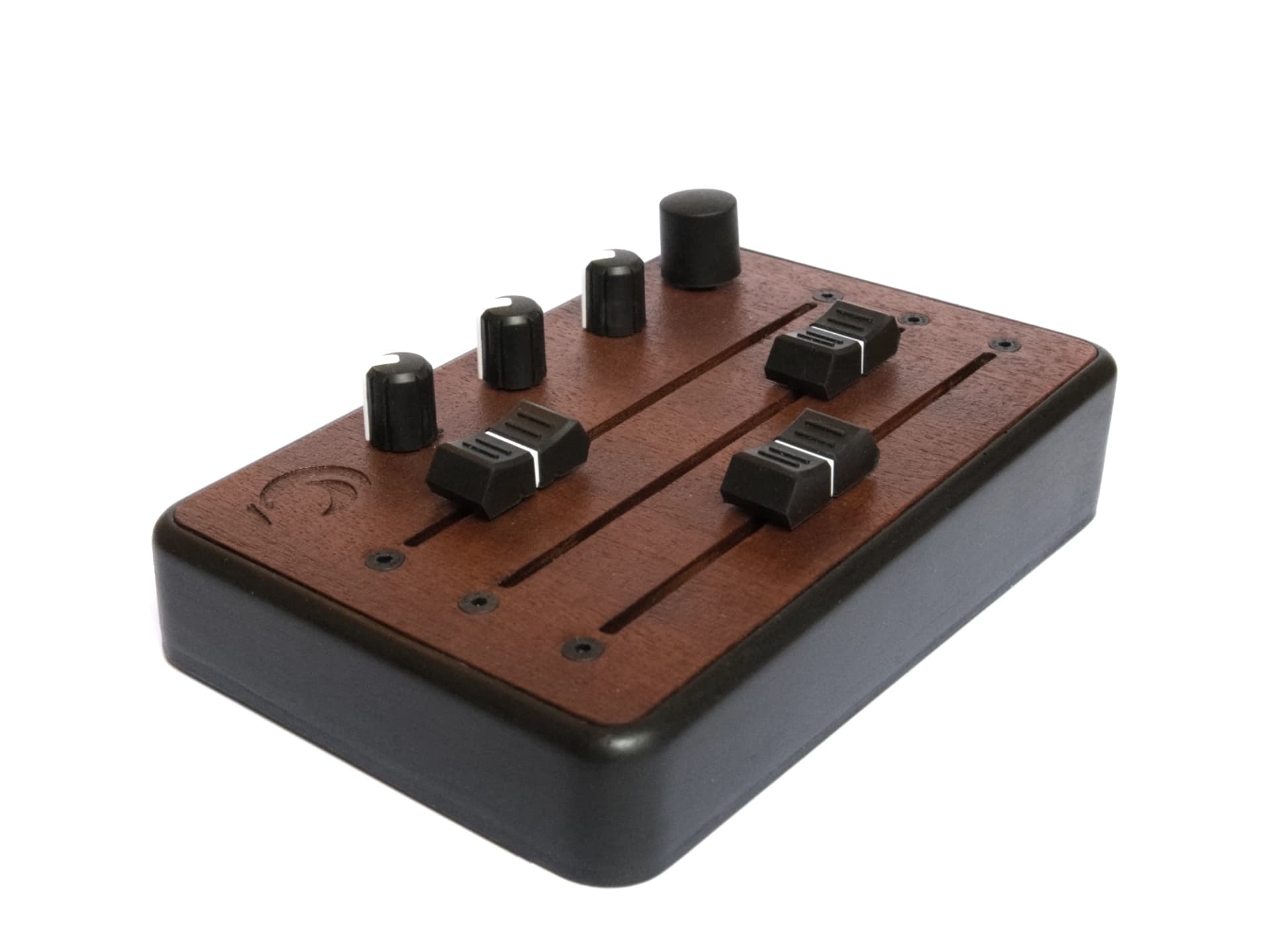 Brise MkII MIDI Controller in three-quarter view from above, with its three faders, knobs and rotary encoder