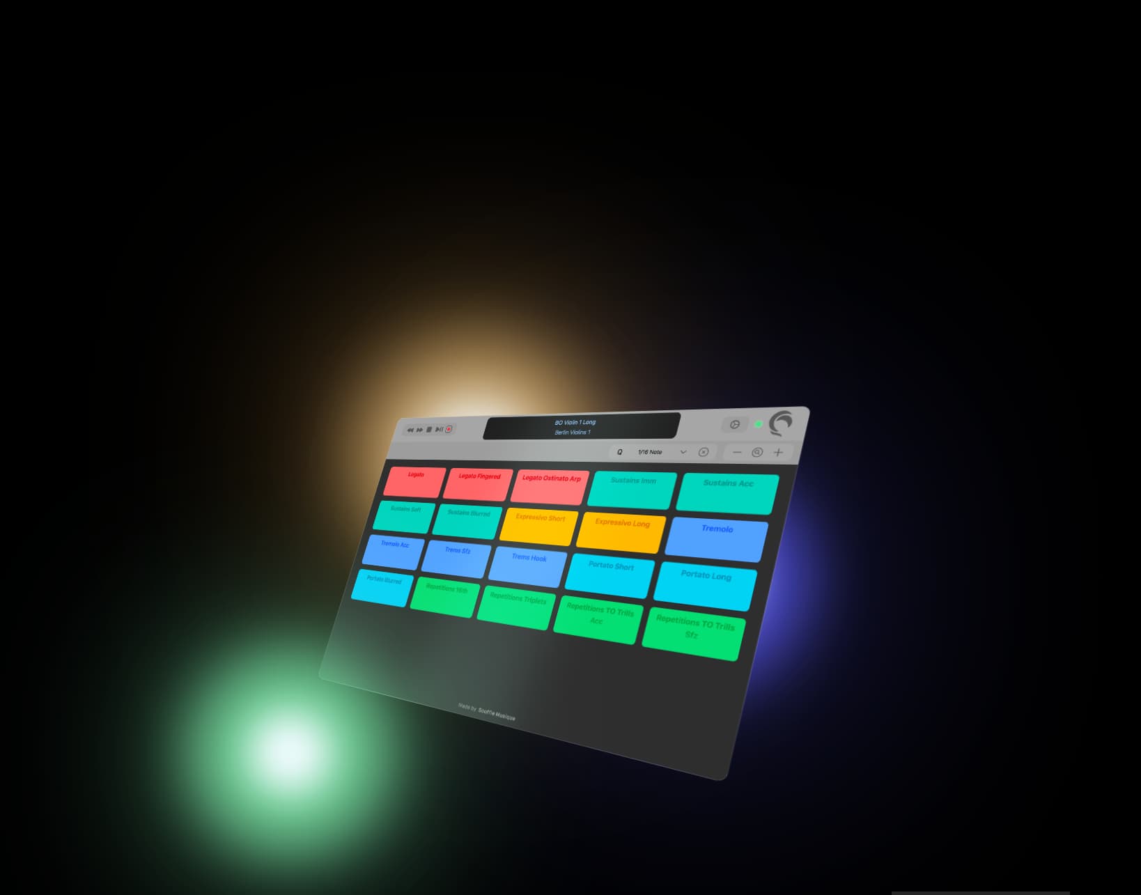 Illustration of the Boreal Controller, a web-based MIDI Controller displaying articulations available in Logic Pro, depending on the track, as well as navigation and quantization (in a light DAW remote)