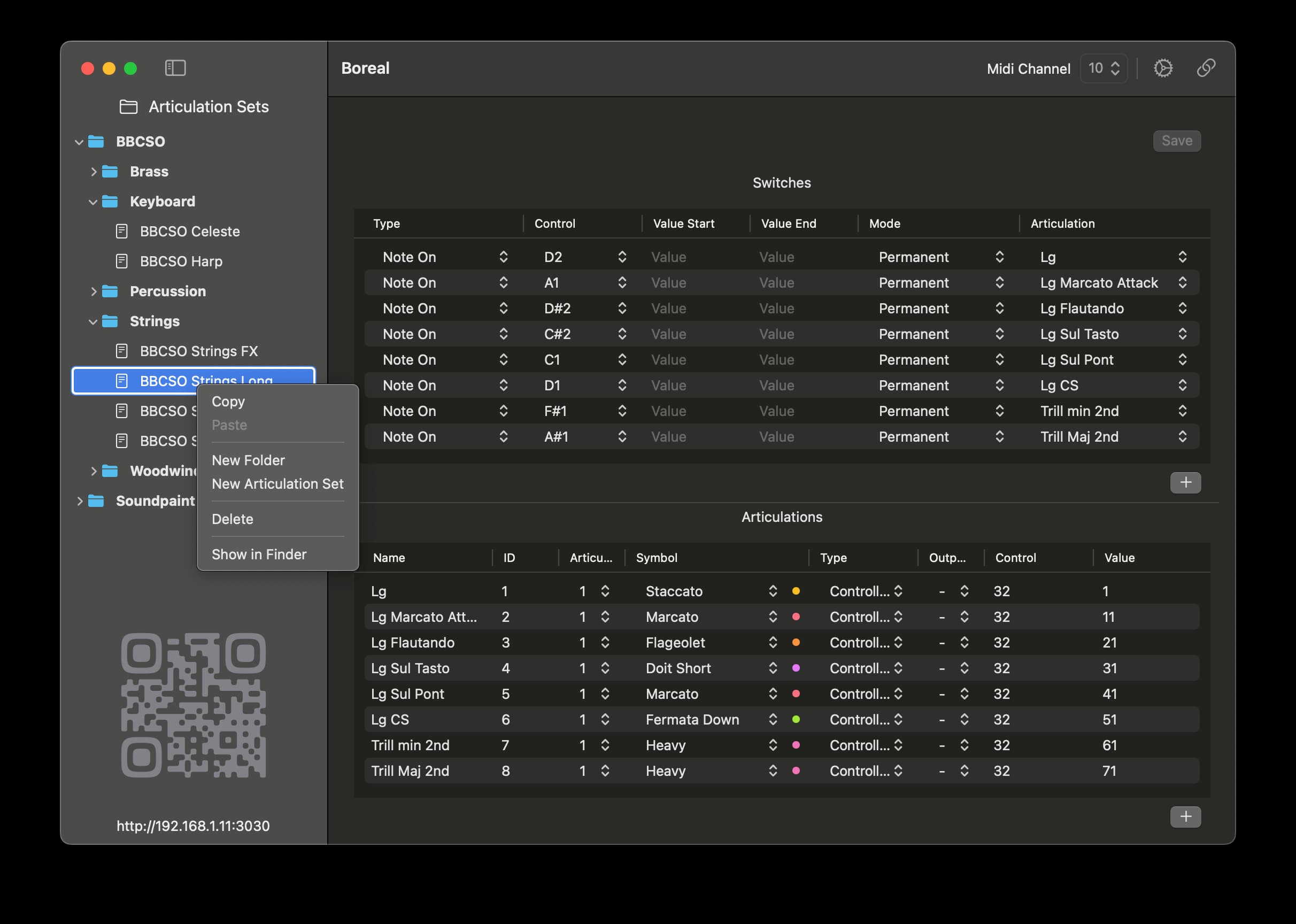Boreal editor listing articulation sets