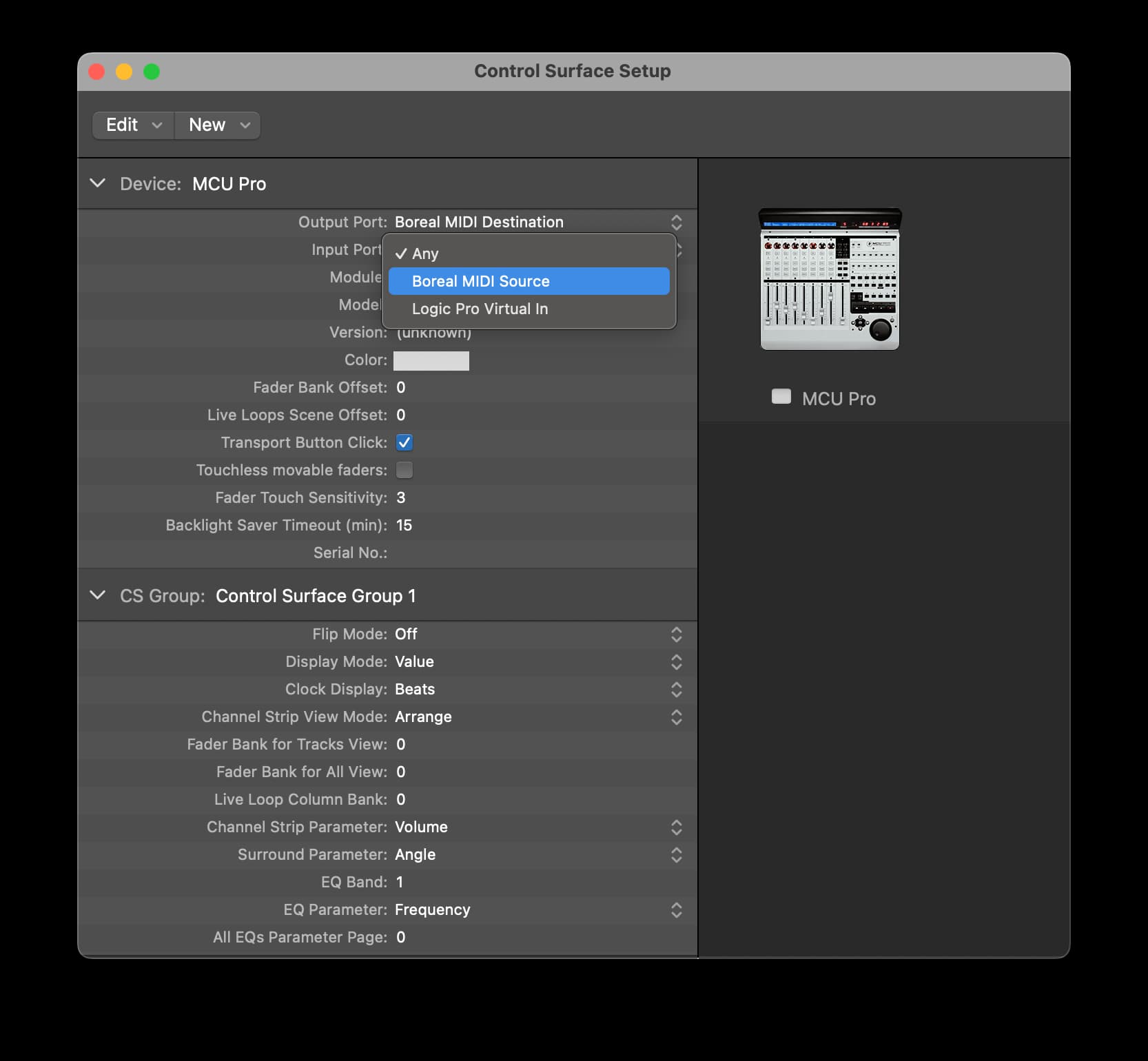 Logic Pro control surface setup with Boreal as input device